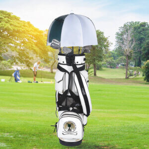 Full shot of Club Canopy umbrella covering golf clubs